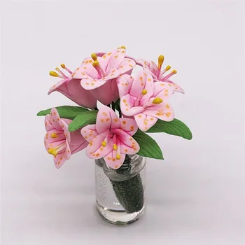 1: 12 Mini kuća Lutaka s lily Namještaj Ručni ukras Cvijet od smole Dnevni boravak Cvjetnih aranžmana Pink lily