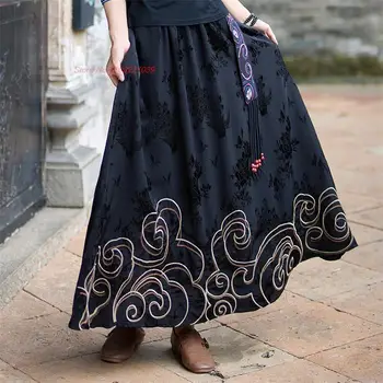 2023 tradicionalna kineska vintage suknja, satin жаккардовая suknja s nacionalnom izvezenim cvijećem, istočna suknja trapeznog oblika s elastičnim pojasom