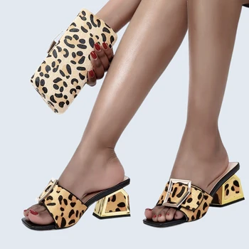 Afrika Nigerija Ljeto Italija Najnoviji dizajn Afrički леопардовый print ženske modne univerzalne papuče na visoke potpetice i setovi torbe