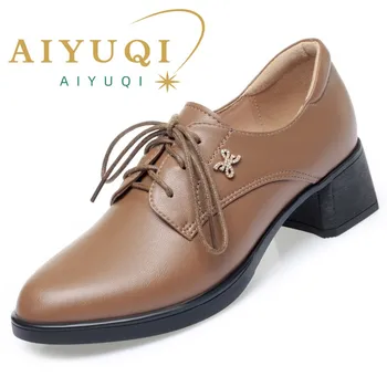AIYUQI/ Ženske cipele od prave kože; Zbirka 2023 godine; Proljeće Nove Modeliranje Ženske cipele na prosjeku petama; Uredski cipele Veličine čipka-up; Ženske cipele