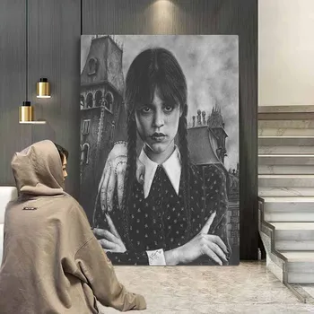 Crno-bijeli film plakat Srijeda Addams Estetska slika na platnu, ukras horor film, zidni umjetničkih slika, Кавайный dekor sobe