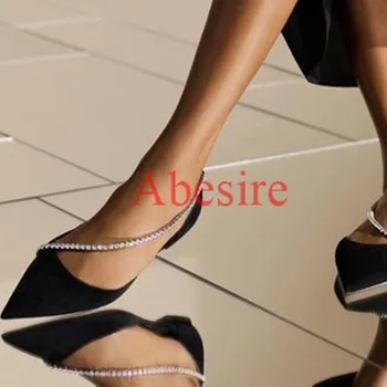 Ljetne nove ženske sandale sa šljokicama i kamenčićima, dizajnerske crne cipele-brod s oštrim vrhom i ukras u obliku kristala, običan parhet kratak cipele