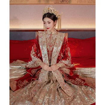 Luksuzno fin vjenčanicu s vezom perle, elegantna odjeća za vjenčanje tost, večernja haljina Cheongsam