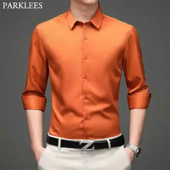 Narančasta majica iz tankim tkiva, muška košulja 2021, potpuno nova, elastična, приталенная, dugi rukav, muške košulje, ne željezna Svakodnevni službena ženska košulja