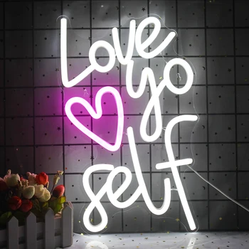 Neonski znak Love Yoself, bijele, ružičaste led neon lampa za dekor zidova, USB-svjetlosni znakovi za spavaće sobe, kuće, dnevni boravak, poklon za rođendan