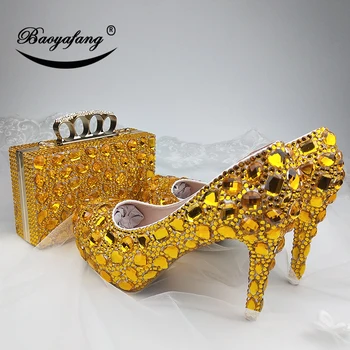 Nove ženske cipele vjenčanje s odgovarajućim torbama, Zlatne cipele vjenčanje s kristalima, večernje cipele za djeveruše i torbu u paketu