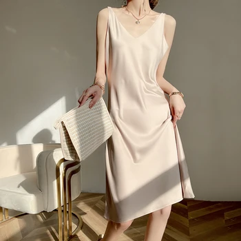 Proljeće-ljeto moderan elegantan ženski haljina s V-izrez i remenom, monotone атласное svilenu haljinu srednje dužine