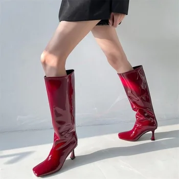 Ružičasto-Crvene Čizme do Koljena s Trga vrhom, Ženske Cipele od Lakirane kože, Neobičan Stil, Ukusan cipele na Visoku Petu, 2023, Zapatos Para Mujere
