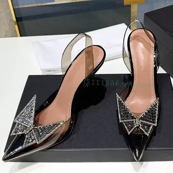 Sandale s kravatom i kristalima, prozirne crne cipele, ženske ljetne cipele 2022, ukusan cipele na visoku petu u neobičnom stilu sa oštrim vrhom