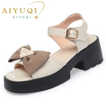 Sandale za djevojčice AIYUQI 2023, ljetne nove ženske sandale s rupama, trendi sandale prosjeku petu s lukom, ženski