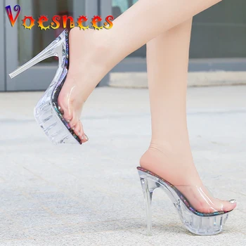 Ženske Papuče, Prozirne Večernje Sandale na platformu u europskom i američkom stilu s Debelim Potplatima 14 cm Na Visoku Petu, Ljeto Japanke, Cipele od manekenske