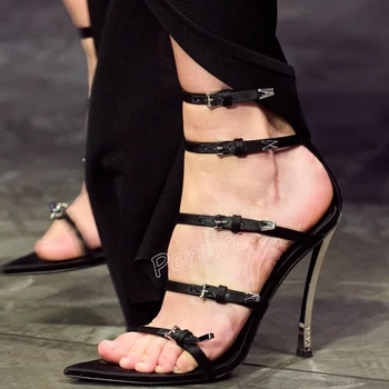 Ženske sandale s crnim remenom i kopčom, novi upis, ljetne sandale s oštrim vrhom na visoku petu, funky monotono lijepe cipele od lakirane kože
