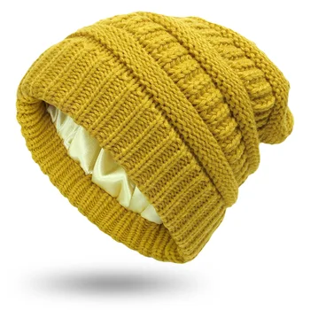 Ženske zimske kape-bini s saten podstava, вязаная kapa za tuširanje za muškarce, debeli kapu sa svilenom postavom, mekana topla kapa sa напуском